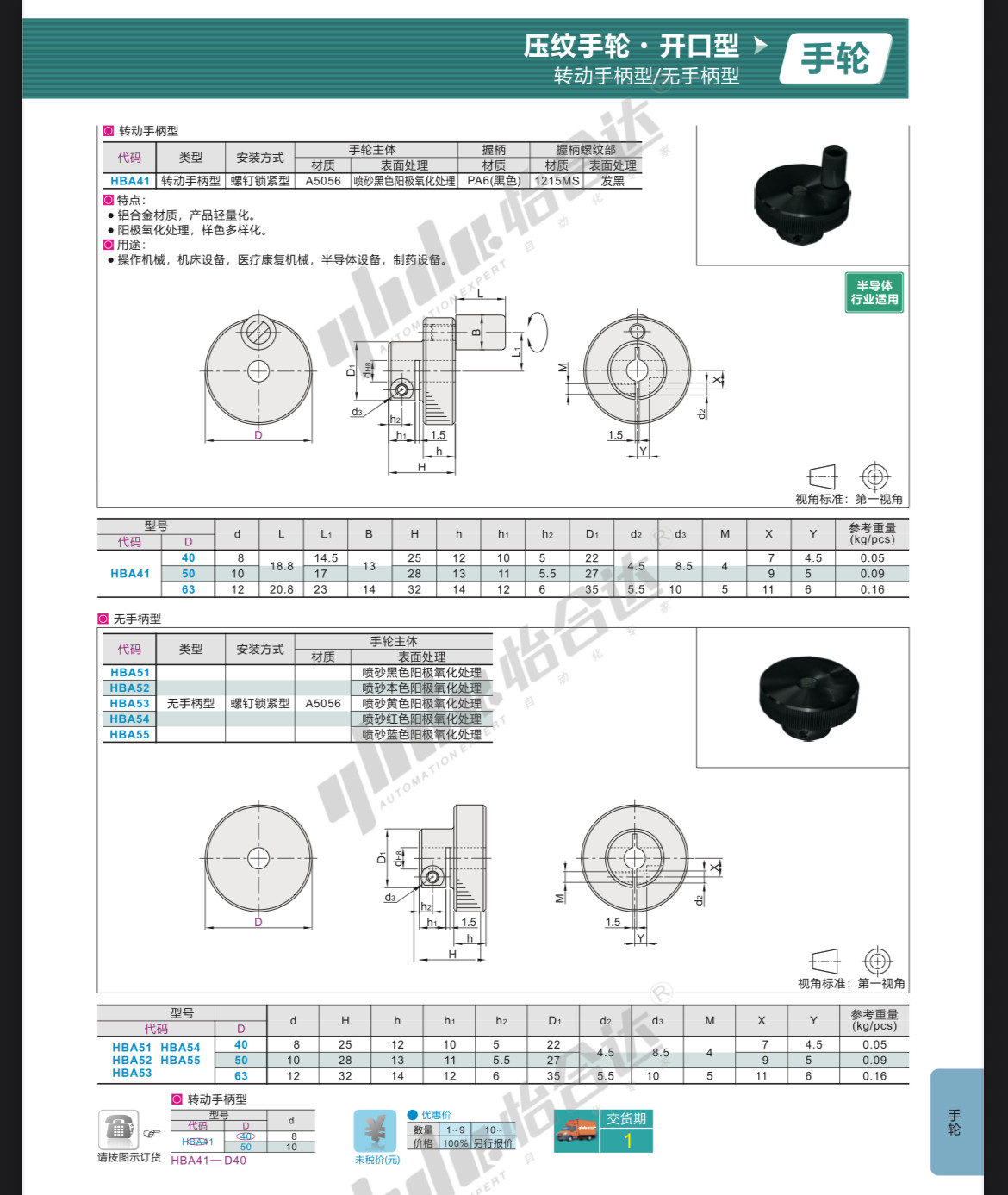 Маховик 怡合达压纹手轮铝合金无手柄型hba51-d40/d50/d63开口螺钉锁紧型