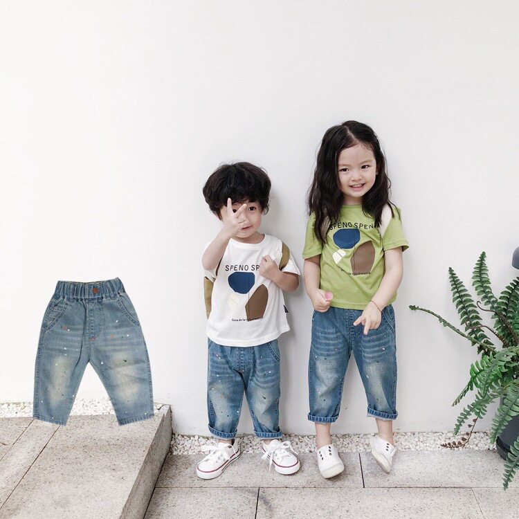 Baby boy denim mosquito-proof pants summer new Korean version of boys and girls Western style soft and thin spray-painted denim nine-point pants
