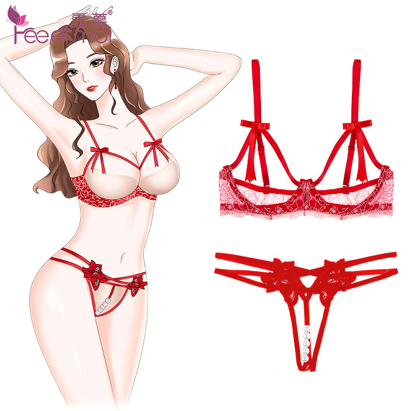 Missed Bra Romance Lingerie Woman Teasing Tempting Open Crotch Pearl Underwear Sexy Three-point Sleepwear Passion Suit-Taobao