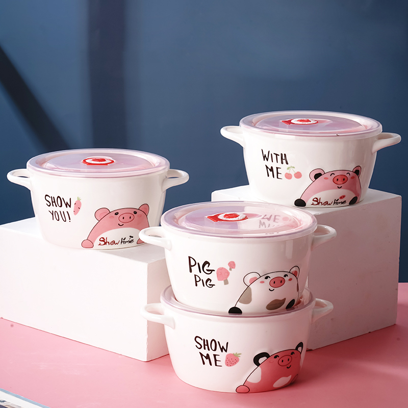 New binaural ceramic large instant noodle bowl Cute cartoon household ramen bowl Dormitory instant noodle tableware bowl with lid