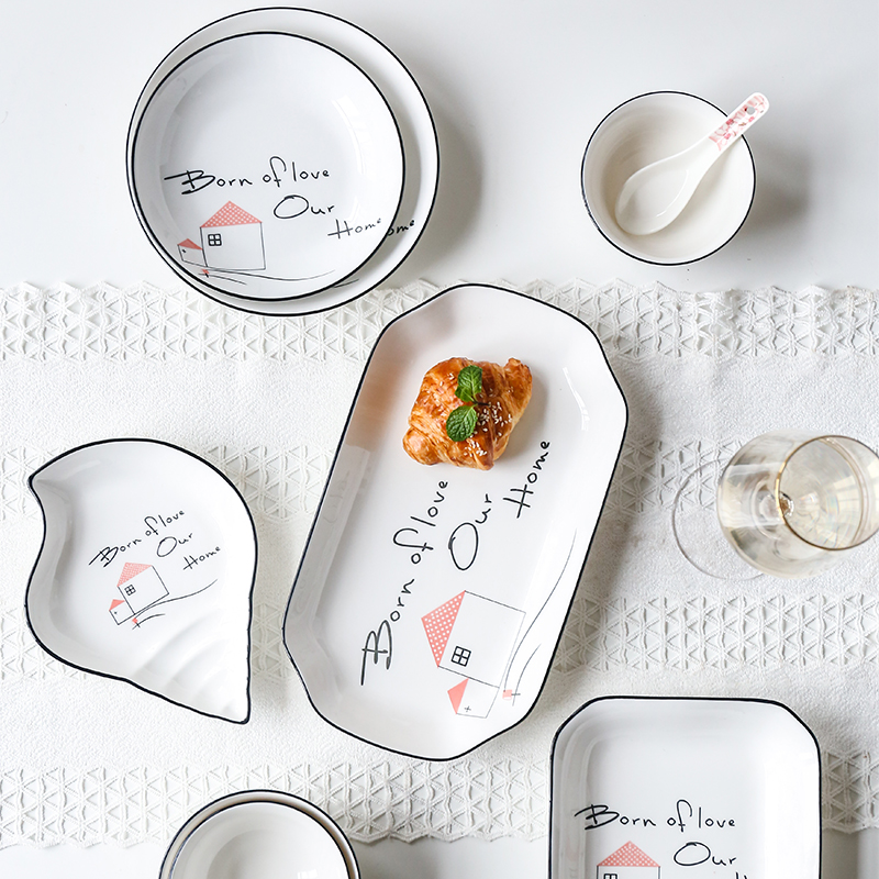 Nordic ceramic rice bowl plate plate Flat plate noodle bowl flavor dish spoon Soup bowl Large soup bowl High foot rice bowl set tableware