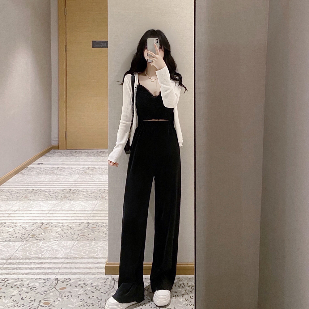 Miss K Women's Homemade Spring Ice Silk Shirt Versatile Detachable Lace Beautiful Back High Waist Pleated Thin Wide Leg Pants