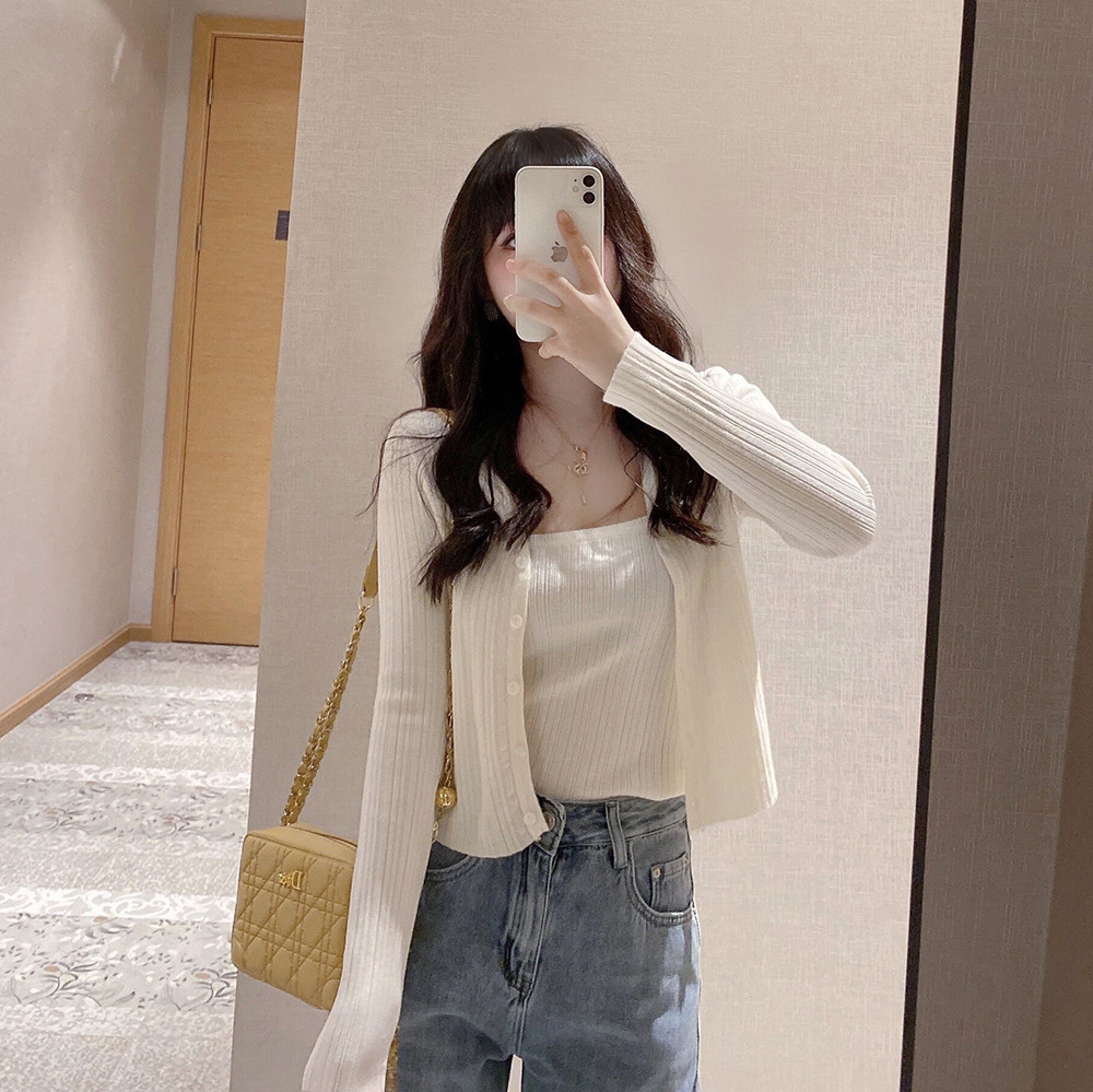 Lady K Woman Dress Homemade White Narcissi Real Two-piece Blouse Long Sleeve Single Row Buttoned Short Cardiovert Small Harnesses