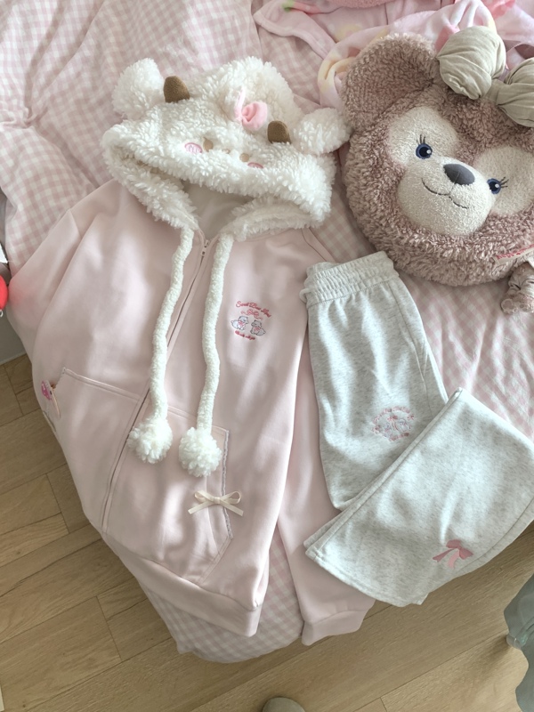Original Cute Lamb Wool Soft Pink Fleece-Lined Thick Hooded Sweatshirt Jacket for Women, Autumn and Winter Sweet Cardigan Top for Women