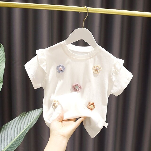 Girls summer cotton T-shirt 2023 new baby foreign style lace short-sleeved little girl half-sleeved baby children's top