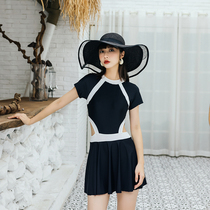 2021 Korean version simple waist-covering belly short-sleeved round tie chest pad backless one-piece dress girl hot spring swimsuit