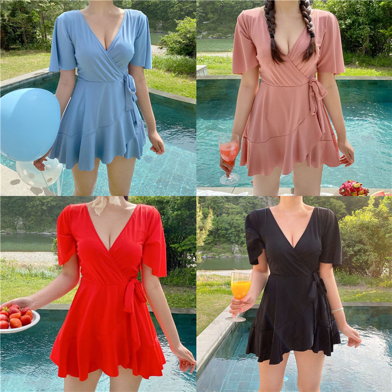 2021 new solid color multicolor half-sleeved skirt conservative one-piece swimsuit Korean version of girls' hot spring swimsuit bikini