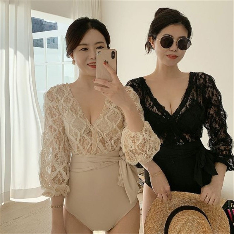 2021 New Conservative Fairy Swimsuit with Chest Pads Ins Style Long Sleeve Lace High Waist Covering Belly Slimming Swimsuit Women