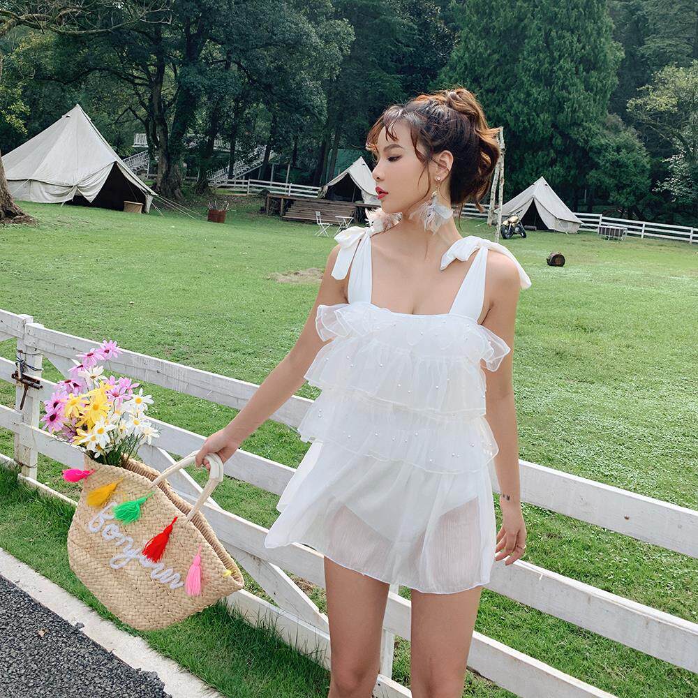 Korean Fairy Fan Conservative Belly Covering Lace Sling Spa Skirt One-Piece Swimsuit