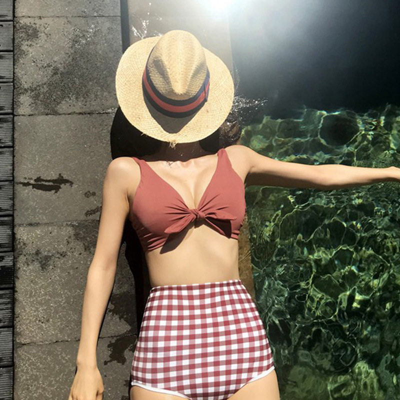 Belt steel support without chest pad net red small square plaid bean paste color different colors high waist and belly split bikini