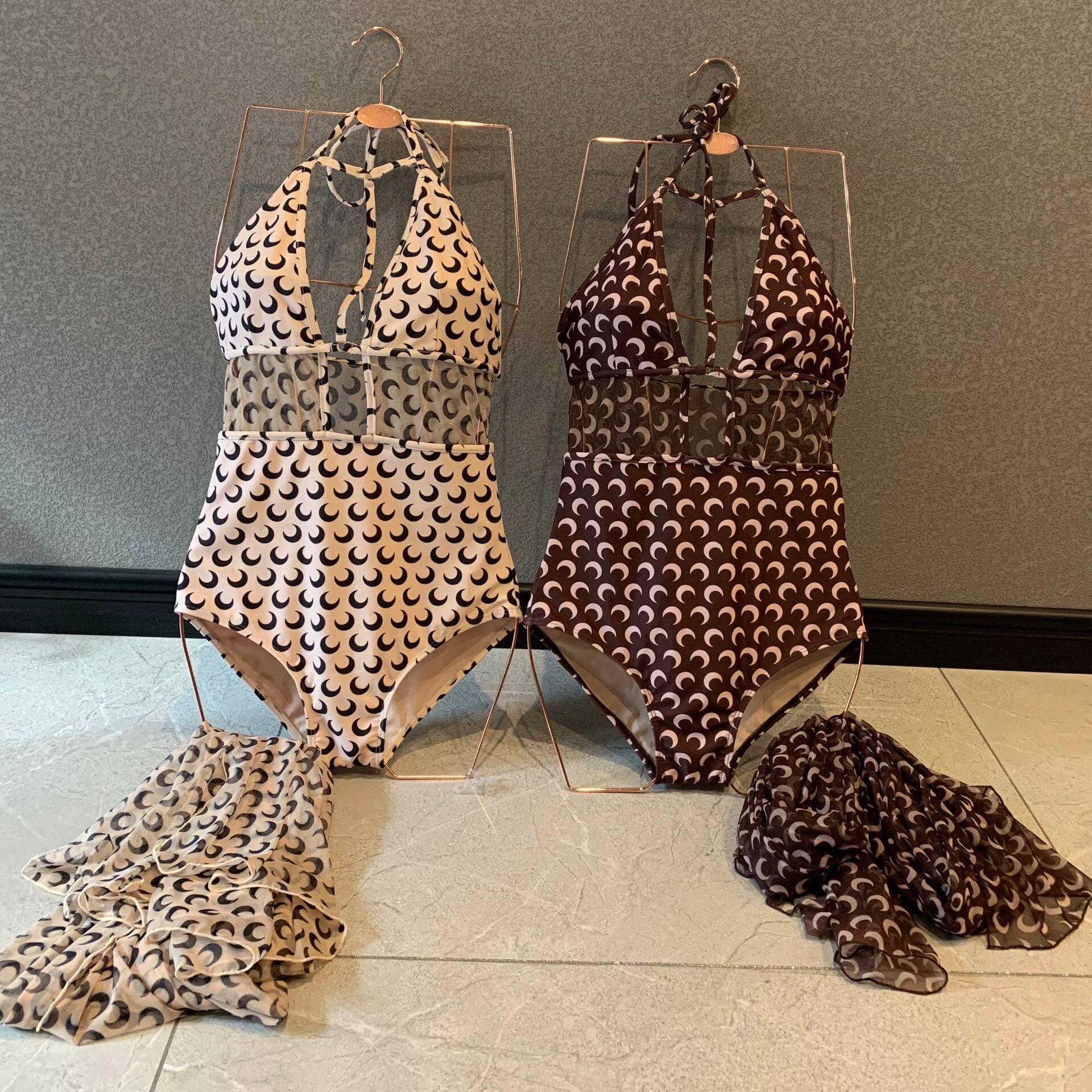 Moon print one-piece swimsuit with chest pad sexy backless tight high elastic one-piece bikini veil