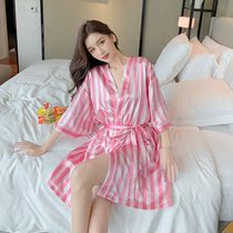 Summer teas ice silk bathrobes womens thin net red wind medium long sleeping robes hotel bathrobe loose big code home clothes