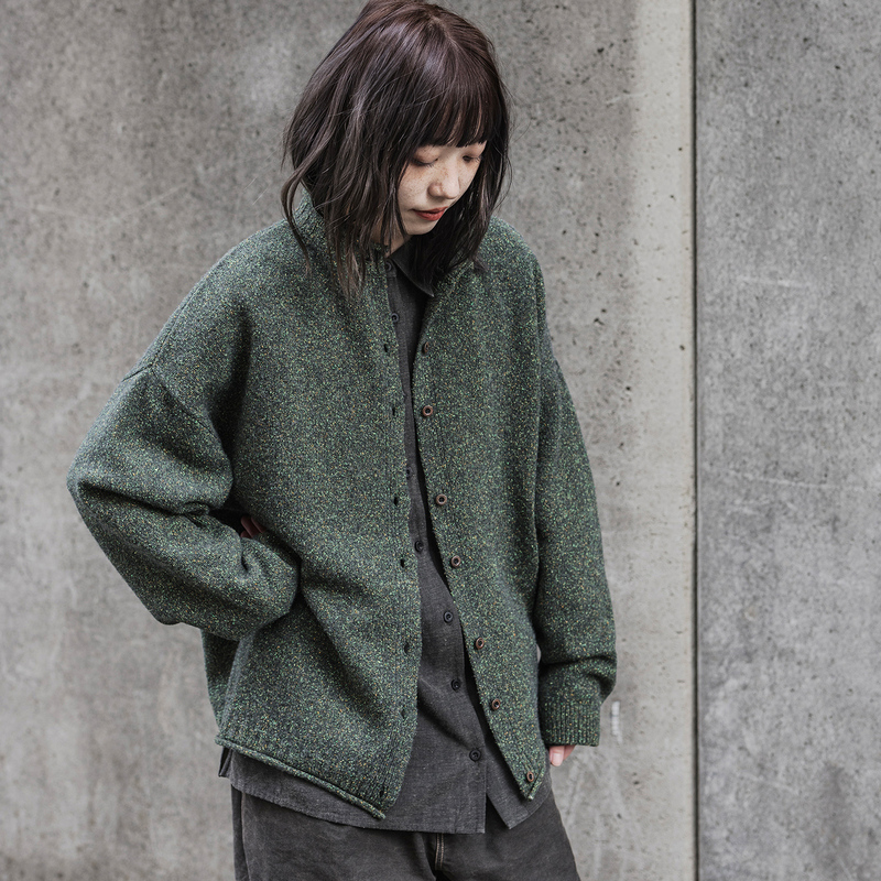 Fish Island Master 2025 Autumn/Winter Vintage Woven Wool Colorful Yarn Simple Knitted Open-Front Loose Sweater for Women 3167
