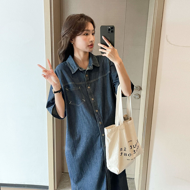 Maternity Dress, Summer Dress, New Style, Loose, Large Size, Thin, Can Be Worn Outside during Pregnancy, Breastfeeding, Denim Shirt Dress