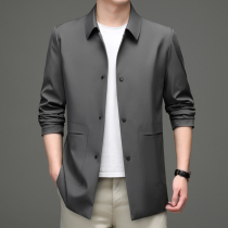 Mens jackets spring and autumn business casual solid color mid-length trench coat mens simple lapel all-match thin coat trendy