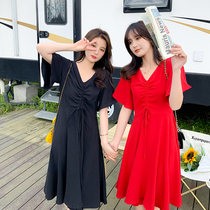 Large size womens clothing 2021 summer new fat sister mm loose belly thin drawstring French bellflower dress