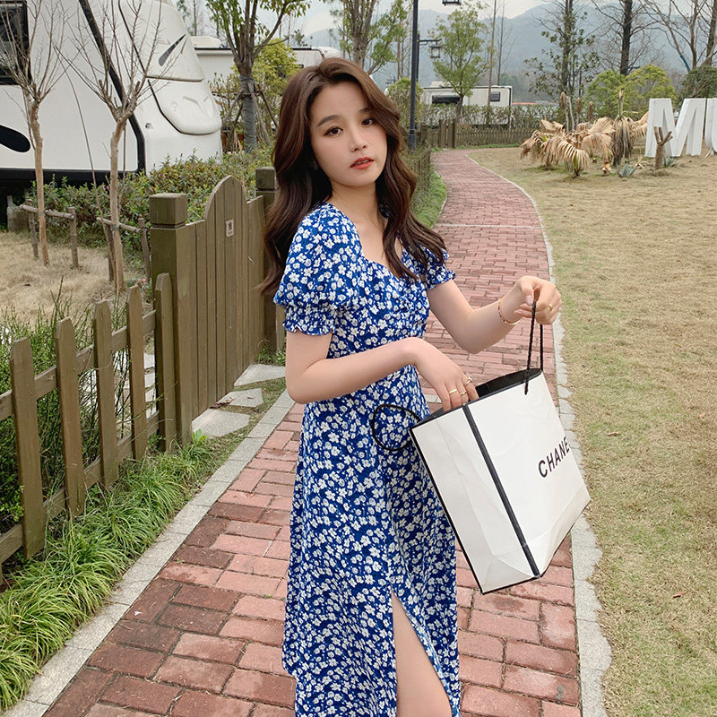 Large size dress for summer clothes 2022 Fat younger sister Yanites Aging Green Flowers Porcelain Crushed Flowers slim Belly Fairy Dresses