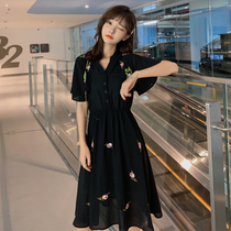 Large size womens clothing 2021 fat sister summer dress loose thin belly elastic embroidery Chiffon short-sleeved dress