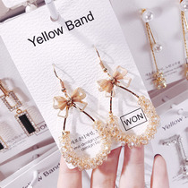 925 sterling silver bow earrings femininity Korean long super fairy crystal drop earrings Geometric simple wild earrings