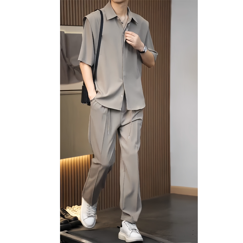 Korean-Style High-End Drapey Shirt Set for Men, Summer Cool and Stylish Outfit, Trendy Ice Silk Short-Sleeve Shirt Two-Piece Set Korean-Style High-End Drapey Shirt Set for Men, Summer Cool and Stylish Outfit, Trendy Ice Silk Short-Sleeve Shirt Two-Piece Set