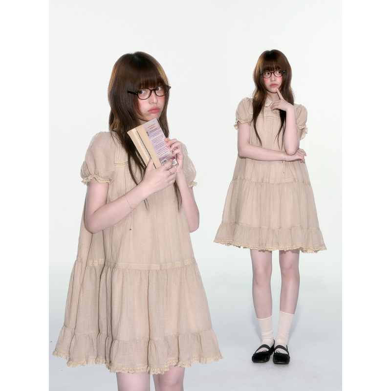 Jingyeyue Milk Tea-Colored Doll Collar Short-Sleeved Lace Loose-Fitting Vintage Girl Japanese Doll Dress