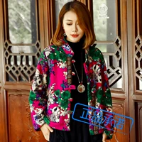 Mùa thu và mùa đông gió quốc gia ấm áp cộng với cotton nhung và vải lanh cotton ngắn áo dày cotton quần áo Tang phù hợp với tấm in khóa cổ áo áo phao lông vũ dáng dài hàn quốc