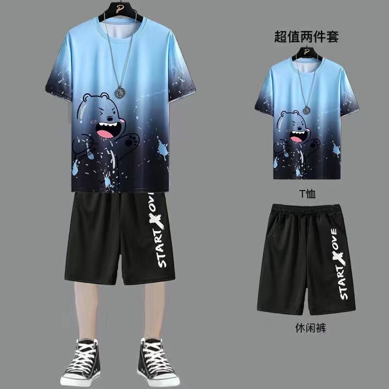 Guangzhou Shisanxing Bargain Special Price 9.9 Sports Wear Summer Casual Ice Silk Short Sleeve Shorts Set Gradient T-Shirt for Men
