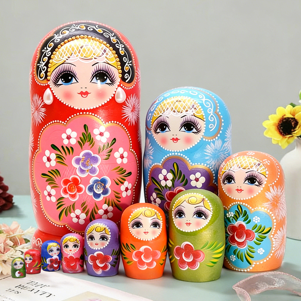 10-Layer Russian Matryoshka Doll with Beaded Earrings, Made of Basswood, Birthday Gift, Educational Toy, Craft Ornament