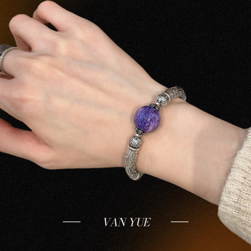 S925シルバーパープルドラゴンクリスタルビーズ蓮カーブチューブ縁起の良い雲ビーズ弾性ブレスレット女性新しい中国風絶妙なニッチギフト