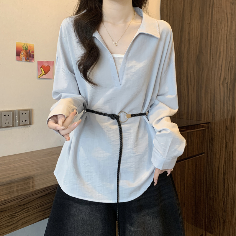 Long-Sleeved Shirt for Women, Spring 2026 New Design, Niche Style, Fake Two-Piece, V-Neck, Waist-Cinching, Slimming, Tie-Up Top