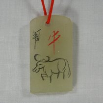 Zodiac Bull Fine Green Fields Gold Stone Seal Engraving Light Freeze Pendant Pure Handmade Art Genuine Jade Necklace