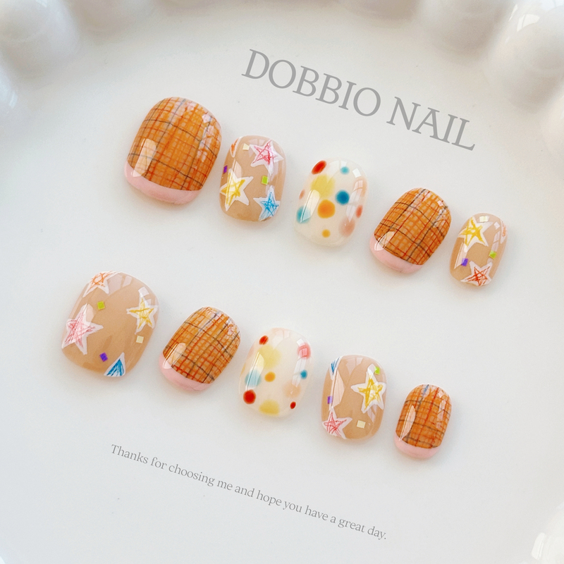 Dobbio【Orange Grid Star Dream】Korean Style ins Cute Polka Dot Nude Star Checkered Handmade Wearable Nail Art Dobbio【Orange Grid Star Dream】Korean Style ins Cute Polka Dot Nude Star Checkered Handmade Wearable Nail Art