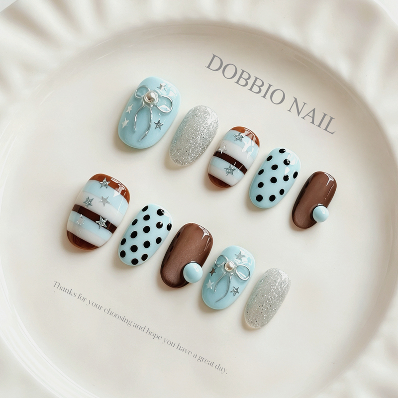 Dobbio【Sea Salt Coruli】Korean Style ins Blue Sweet Cool Polka Dot High-End Handmade Wearable Nail Art Tips