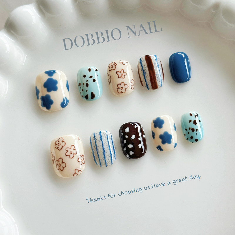 Dobbio【Slow Time】 ins Fresh Blue Hand-Painted Floral High-End Handmade Wearable Nail Art Nail Tips