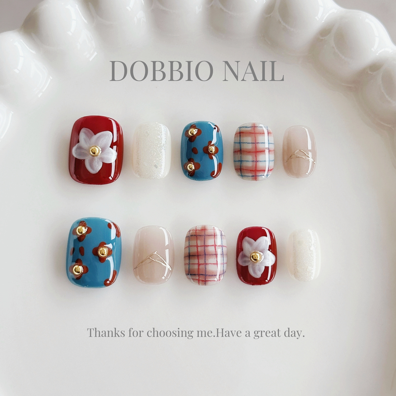 Dobbio【South French Garden】Korean Style ins Dopamine Hand-Painted Handmade Wearable Nails High-End Short Nail Art Pieces