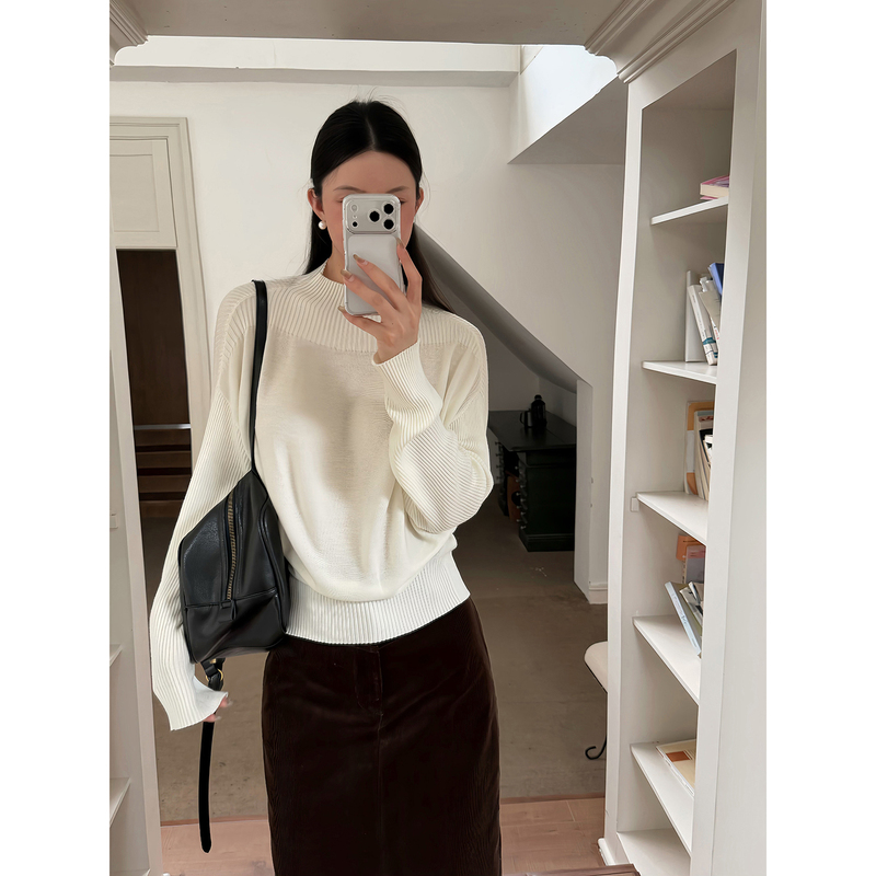 Slightly Sweet Sasa Korean-Style Simple Half-High Collar Knit Sweater for Women, Long-Sleeved Striped Patchwork Elegant Wool Top