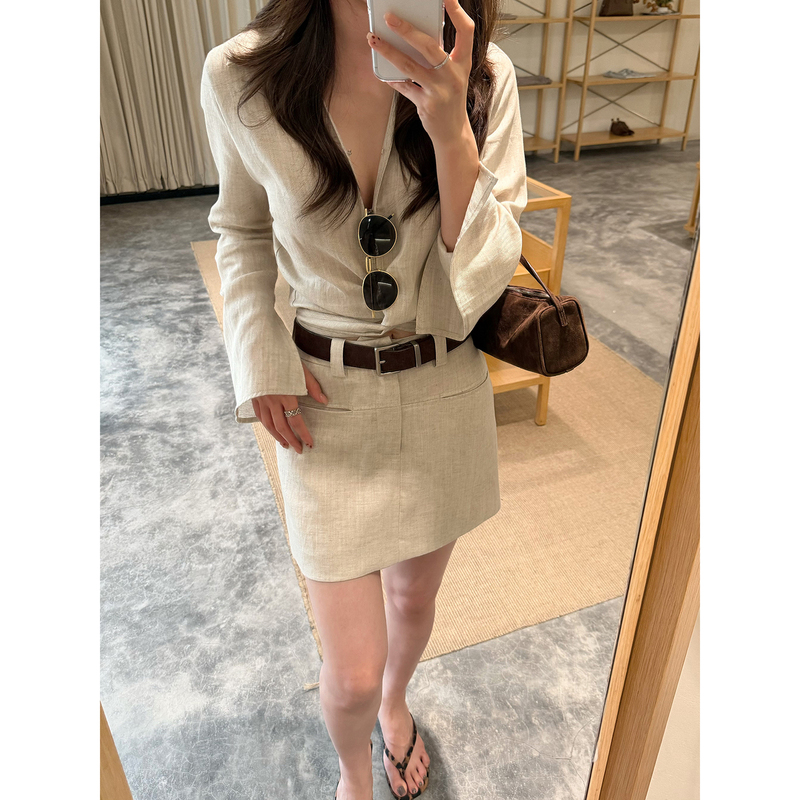 Slightly Sweet Sasa Tie-Up Linen Shirt for Women, Long-Sleeved, Spring and Summer, Waist-Cinching, Elegant Shirt, High-End Jacket Top