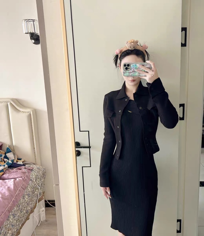 *Three-Dimensional Tailoring*Automatic Waist Adjustment Pure Black Densely Woven Single-Breasted Pocket Cardigan Jacket