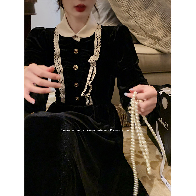 Great Eees Poetry Encounters Autumn Boat Lace dolls collar Hepburn Breeze Little Black Dress Long Sleeves Silk Suede Dress Fall New-Taobao