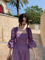 Big Eees purple flower tambourine cotton embroidered spring dress French square collar long fairy tea break dress