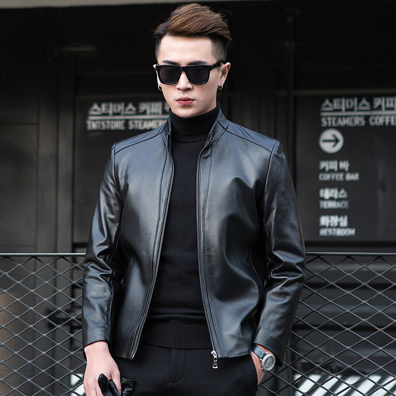 The first layer of sheepskin leather leather coat Men's small stand-up collar thin pure leather jacket slim casual trend spring and autumn jacket