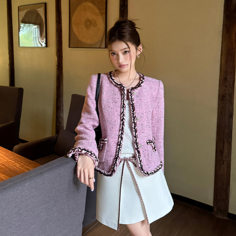 Earth Store Pink Jiangsu-Zhejiang-Shanghai Style Rich Girl Wool Blend Tweed Chanel-Inspired Jacket High-End Women's Autumn Wear