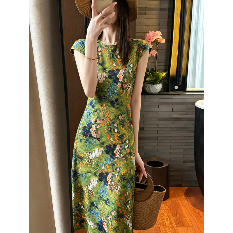 You See/You See the Screen Is Full of Vitality! Monet's Garden Oil Painting Print Bias-Cut Fishtail Dress You See/You See the Screen Is Full of Vitality! Monet's Garden Oil Painting Print Bias-Cut Fishtail Dress