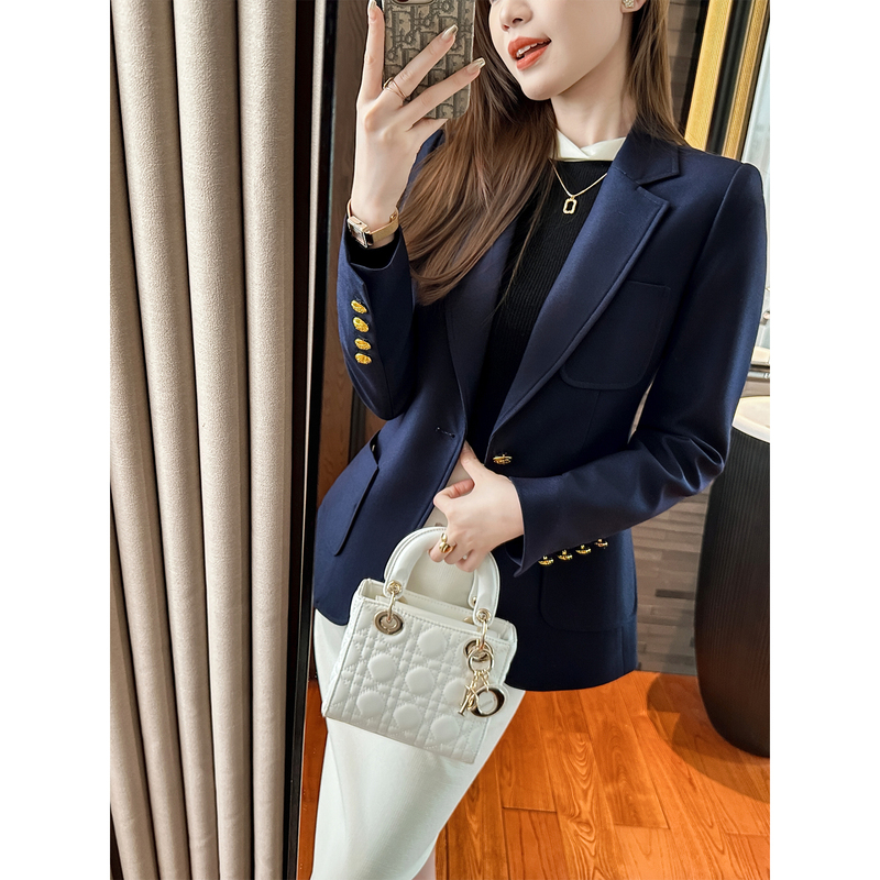 You See/Yuji Gold Button Embellishment + Clean Cut, Super Stylish Navy Blue Blazer for Autumn