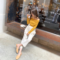 A three good small yellow strapless yellow strapless shoulder shoulder shirt female long sleeve sexy Korean slim one word collar t-shirt