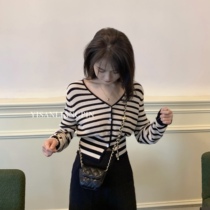 chao 100 hitch sunscreen ~ retro style black and white striped long sleeve cardiovert jersey jersey blouse