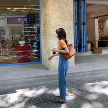 One third Liangpint small Truffle Lock Bone Mango Yellow Sky Silk Wool T-Shirt Large Neckline Pure Color Summer Short Sleeve Blouse