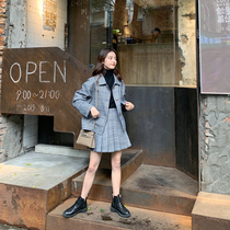 One-three good small autumn clothes with high plaid jacket high waist pleated skirt suit jacket two-piece female
