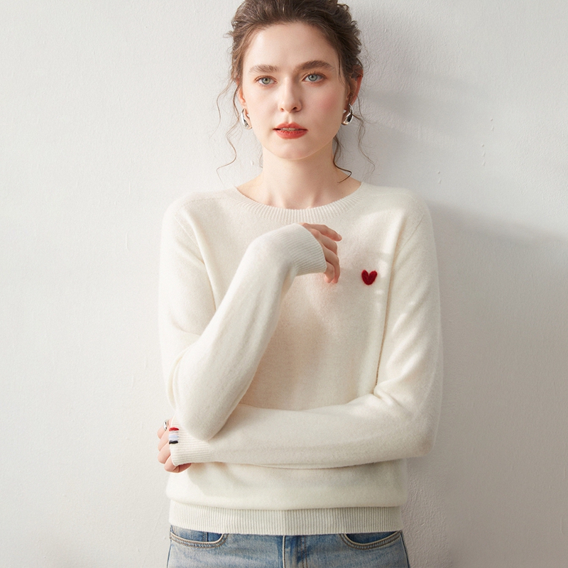 First-Line Ready-To-Wear 100% Pure Cashmere Sweater for Women, Round Neck, Heart Embroidery, Loose Knit Wool Base Shirt