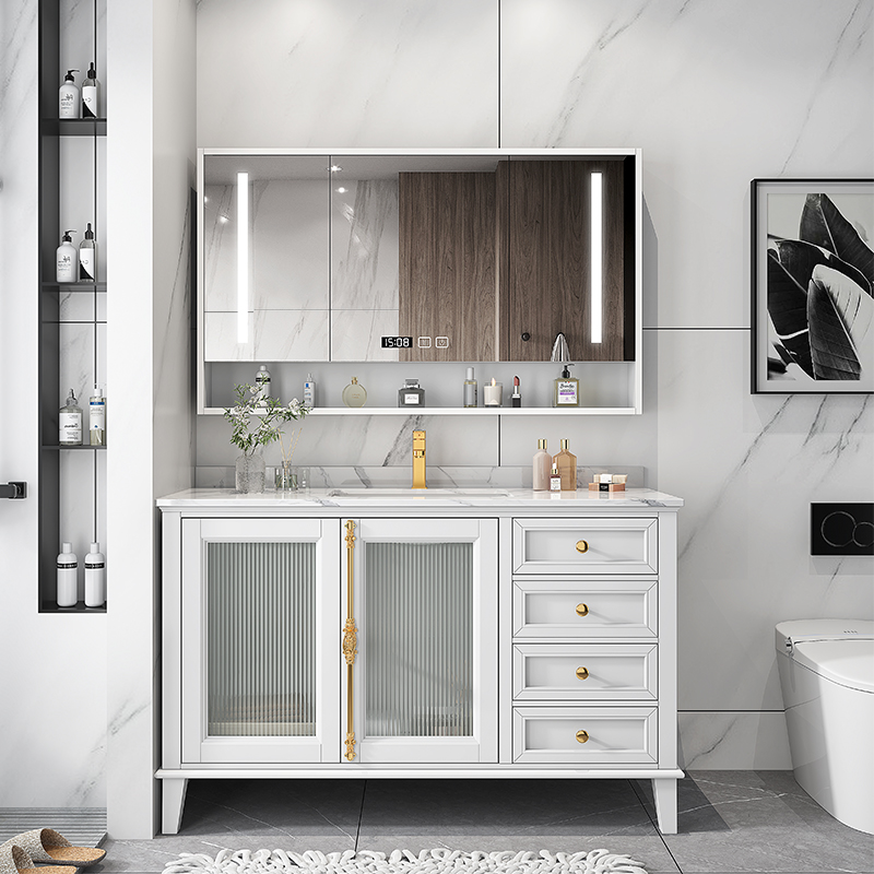 American Light Lavish Solid Wood Rock Board Bath Cabinet Combined Floor Glass Door Intelligent Mirror Handwashing Washbasin Wash Table